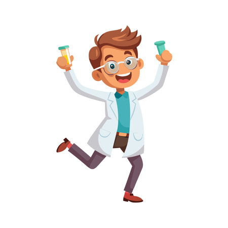 Excited Scientist Holding Test Tubes Celebrates Success in Research Lab Isolated on Whiteのイラスト素材