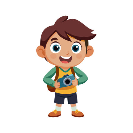 Cartoon Boy with Camera Ready to Explore and Capture Memories on an Adventureのイラスト素材