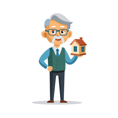 Cartoon elderly man holding a miniature house, representing real estate and home ownership conceptsのイラスト素材
