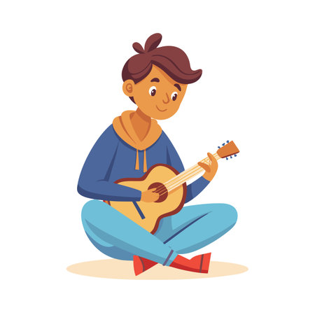 Cartoon Illustration of a Young Man Sitting Cross-Legged and Playing Acoustic Guitarのイラスト素材