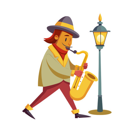 Cartoon Saxophonist Playing in Street Light Flat Design Illustrationのイラスト素材