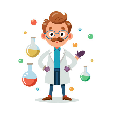 Cartoon scientist with laboratory flasks and colorful floating spheres on a white backgroundのイラスト素材