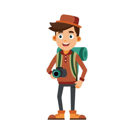 Cartoon Man with Backpack and Camera on an Adventure, Isolated on White Backgroundのイラスト素材