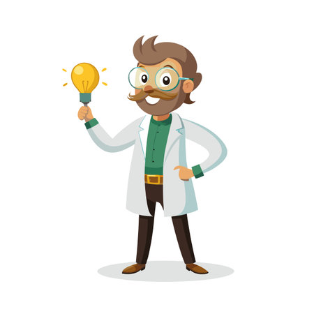 Cartoon scientist with light bulb idea concept, educational flat vector illustrationのイラスト素材