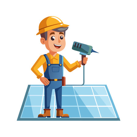 Cheerful Worker Installing Solar Panels with a Drill for Sustainable Energy Solutionsのイラスト素材