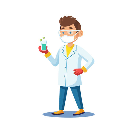 Scientist in lab coat holding a flask with a chemical reaction in flat styleのイラスト素材