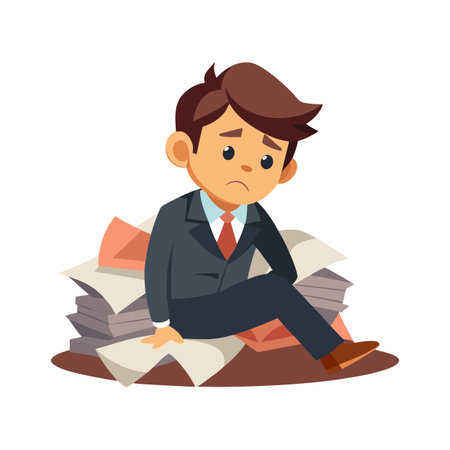 Overwhelmed Businessman Sitting on Stack of Papers, Exhausted and Stressed from Workloadのイラスト素材