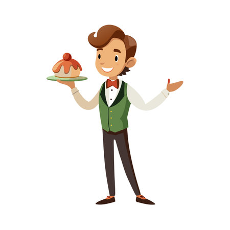 Cartoon Waiter Serving Cake with Cherry Illustration for Menu Designのイラスト素材