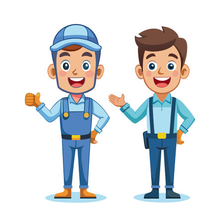 Cartoon illustration of two smiling handyman characters standing side by side on white backgroundのイラスト素材