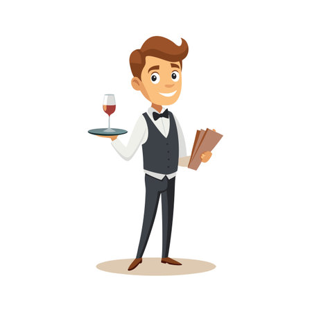 Smiling waiter holding a wine glass and a menu isolated on a white backgroundのイラスト素材