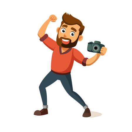 Cartoon man enthusiastically taking a picture with his camera, with excited expressionのイラスト素材