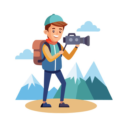 Illustrative man with camera and backpack outdoors, capturing mountain scenery in a stylized flat vector designのイラスト素材