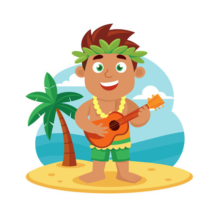 Cartoon Hawaiian boy plays the ukulele on a tropical island beachのイラスト素材
