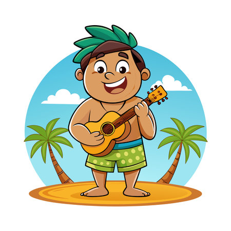 Cartoon man playing ukulele on tropical beach with palm trees and blue skyのイラスト素材