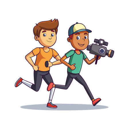 Cartoon illustration of two boys running with a video camera, teamwork and activity conceptのイラスト素材