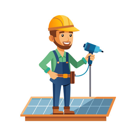Solar Panel Technician with Drill on Panel, Renewable Energy Installation Conceptのイラスト素材