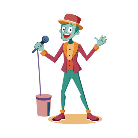 Retro cartoon singer illustration in vector format, with hat and microphoneのイラスト素材