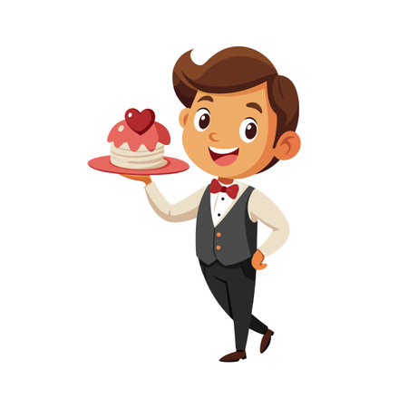 Cartoon waiter serving sweet dessert with heart, isolated on white background, vector illustrationのイラスト素材