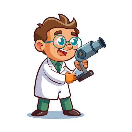 Cartoon scientist examines through a microscope for science and healthcare concepts for children and educationのイラスト素材