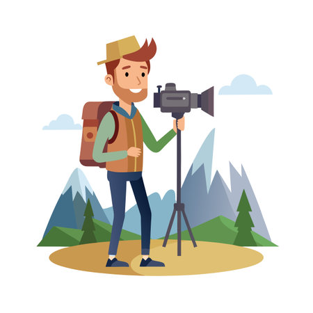 Cartoon cameraman capturing the scenic beauty of the mountains using vintage cameraのイラスト素材