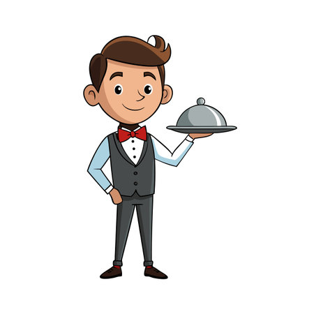 Cartoon waiter holding a silver serving tray with a lid isolated on whiteのイラスト素材