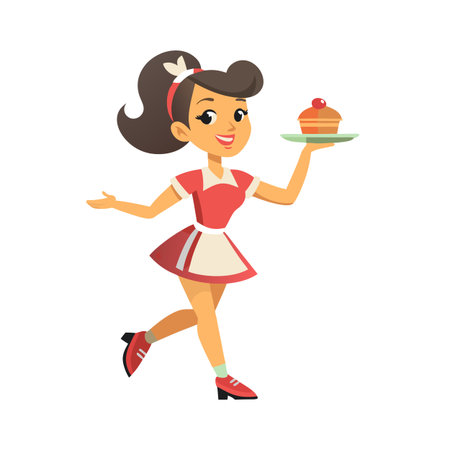 Retro cartoon waitress serving a cupcake with cherry on a trayのイラスト素材