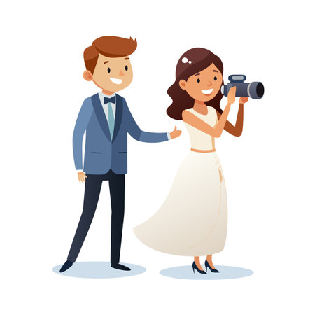 Cartoon-style vector image of a woman taking photos, with a man supporting herのイラスト素材