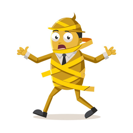 Cartoon businessman caught and tied in yellow tape; humorous illustration on whiteのイラスト素材