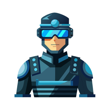 Illustration of futuristic soldier wearing armored suit and visor in flat vector style.のイラスト素材