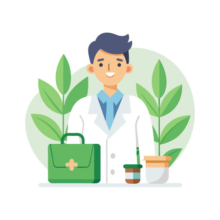 Friendly doctor with medical bag and botanical elements in a flat design styleのイラスト素材