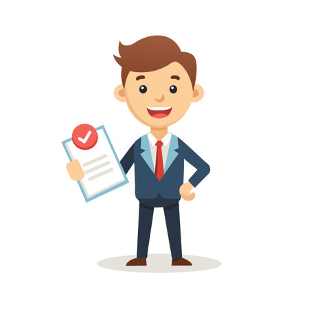Cartoon Businessman Holding a Completed Document with Check Mark on White Backgroundのイラスト素材