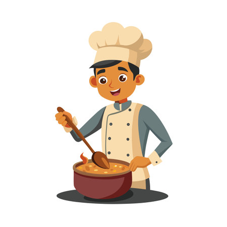 Chef preparing soup in kitchen, stirring pot with wooden spoon, cartoon styleのイラスト素材