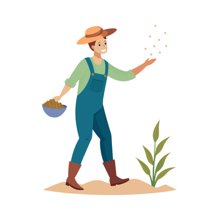 A young farmer sows seeds in a field, cultivating a young cropのイラスト素材