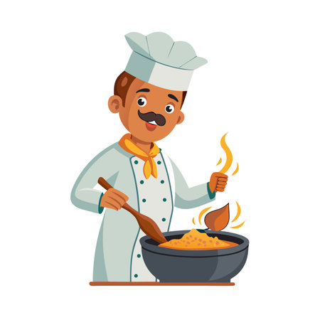 Cartoon Chef Preparing Meal in a Bowl With a Wooden Spoon and Flamesのイラスト素材