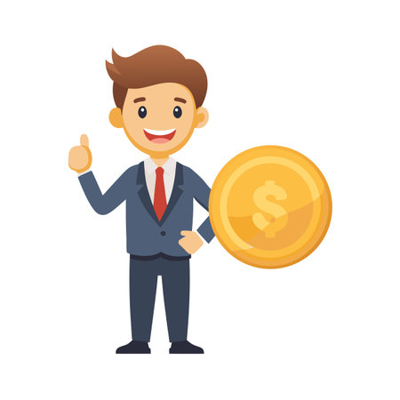 Successful cartoon businessman with dollar coin giving thumbs up for successのイラスト素材