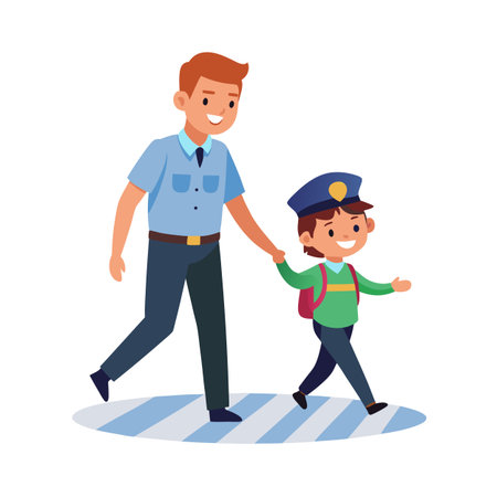 Cartoon Man Helps Boy With Backpack Cross The Street At Marked Crosswalkのイラスト素材