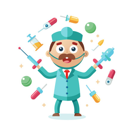 Cheerful Cartoon Doctor Juggling Medical Tools and Medications on a White Backgroundのイラスト素材