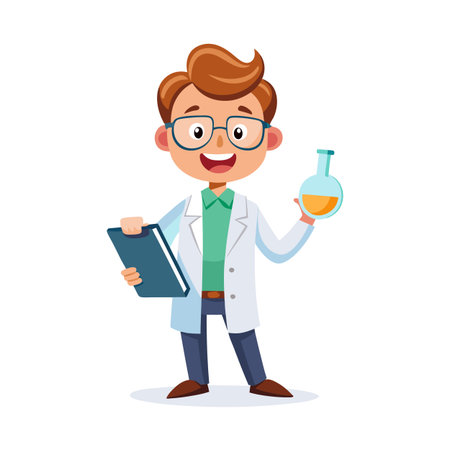 Happy Scientist Cartoon Character Holding Beaker and Clipboard Isolated on White Backgroundのイラスト素材