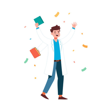 Happy Doctor Celebrating with Books and Confetti, symbolizing medical success and achievementのイラスト素材
