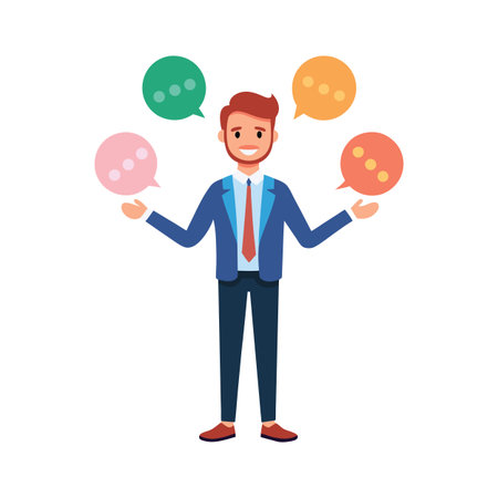 Man in suit balancing colorful speech bubbles symbolizing communication and information sharing.のイラスト素材