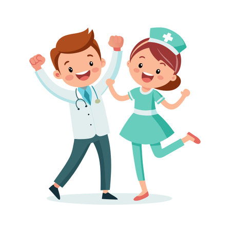 Happy Cartoon Doctor and Nurse Celebrating Success on a White Backgroundのイラスト素材