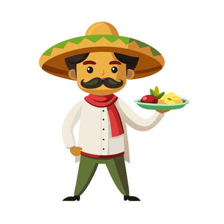 Cartoon Mexican chef with sombrero holding plate of food against a white backgroundのイラスト素材