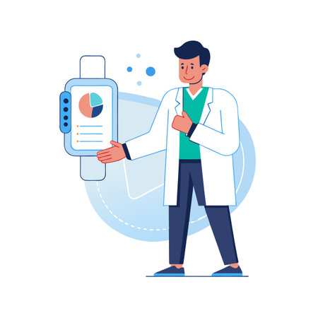Doctor presenting health data analytics on a smart watch interface with pie chartのイラスト素材