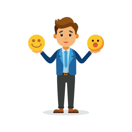 Man balancing happy and surprised emoticons representing decision-making and emotional range in professional contextsのイラスト素材