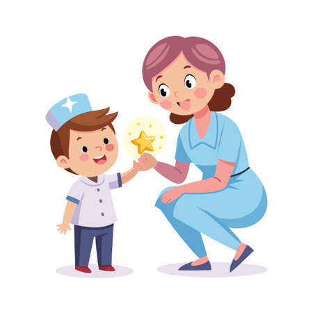 Nurse giving a shining star to a young patient in a hospital settingのイラスト素材