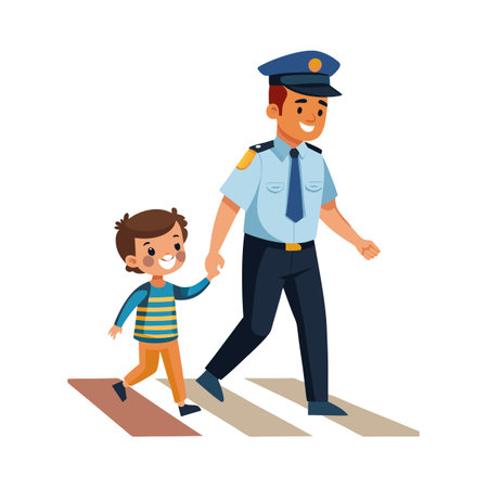 Officer helping boy cross street at crosswalk with flat vector illustration styleのイラスト素材