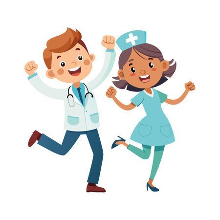 Cartoon Doctor and Nurse Celebrating Success, Jumping and Smiling on White Backgroundのイラスト素材