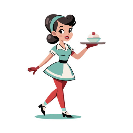 Vintage cartoon waitress walking with a tray, stylized and isolated on white backgroundのイラスト素材