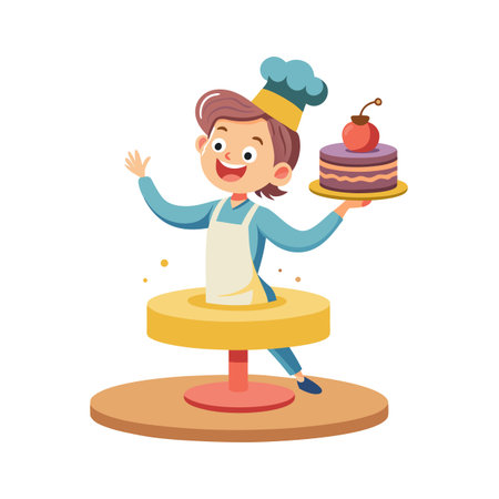 Happy Chef Serving a Delicious Layer Cake on a Turntable for a Celebrationのイラスト素材