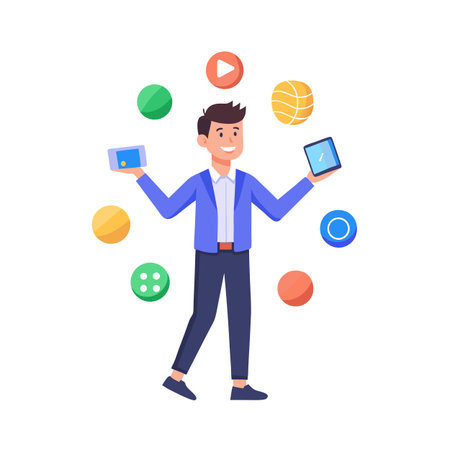 Man juggling digital devices and icons demonstrating multitasking and modern technologyのイラスト素材